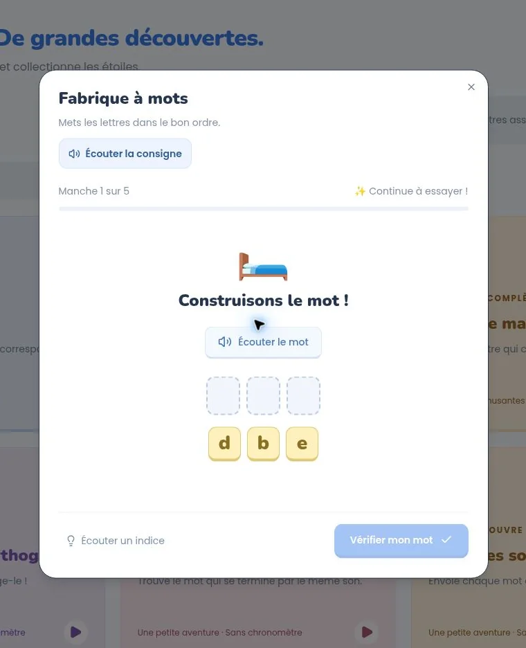 Consignes françaises de Fabrique à mots avec les lettres du mot anglais bed