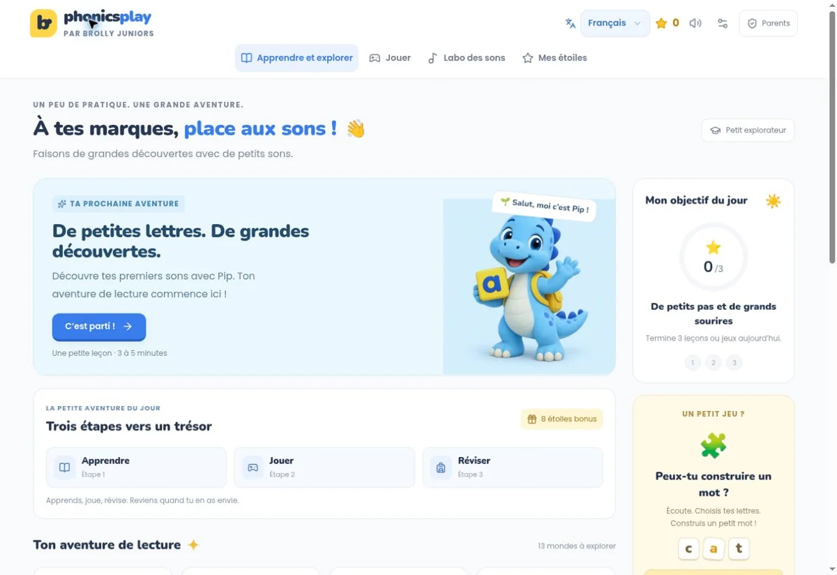 Écran d’accueil réel de Phonics Play avec les consignes en français