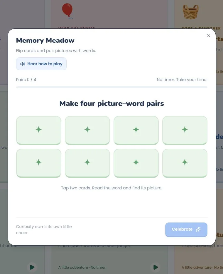 Real Memory Meadow activity in Phonics Play