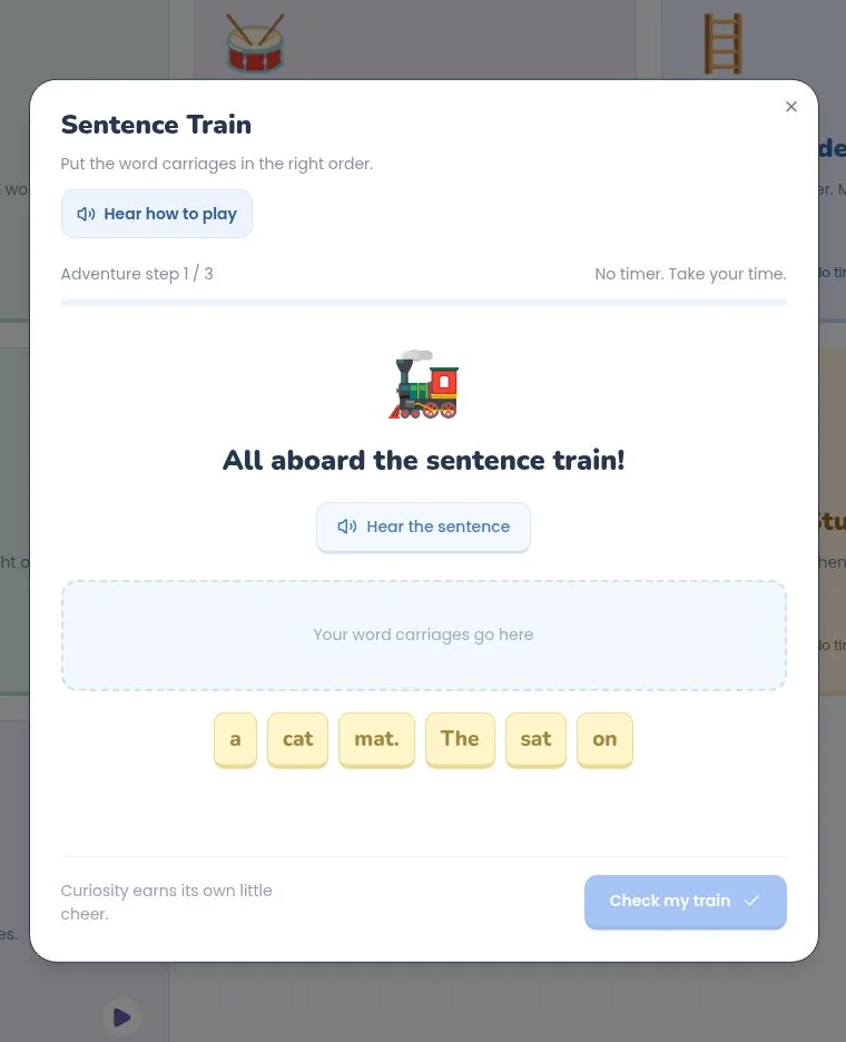 Real Sentence Train activity in Phonics Play
