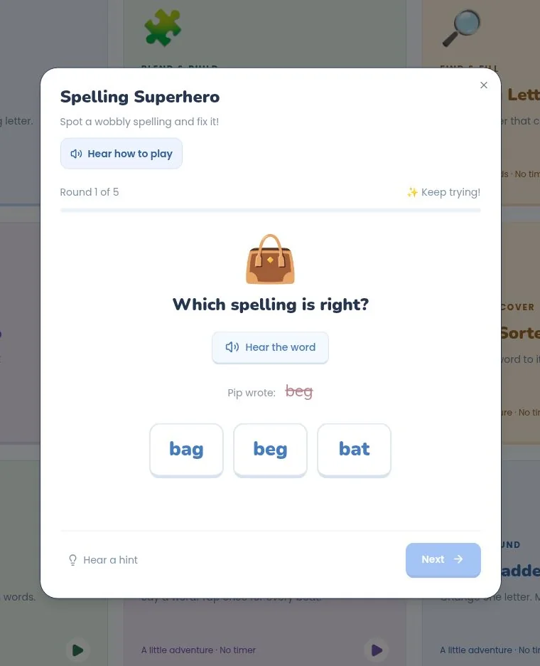 Real Spelling Superhero activity in Phonics Play
