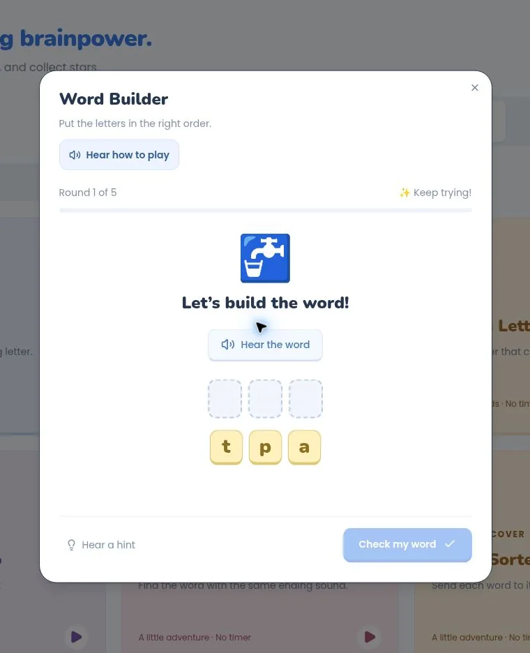 Real Word Builder activity in Phonics Play