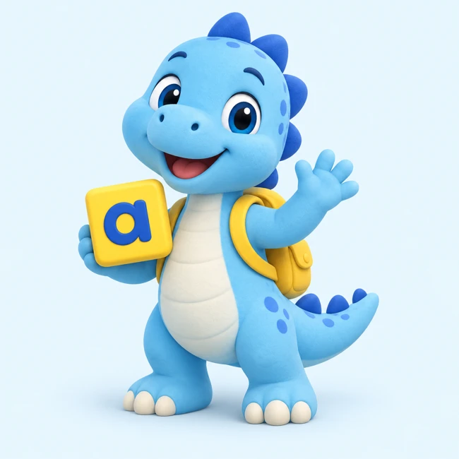 Pip, the friendly blue dinosaur, holding a letter a